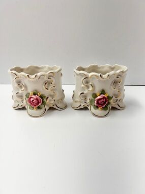 Dresden Porcelain Applied Rose Gold Gilt Open Salt Cellar Toothpick Holder